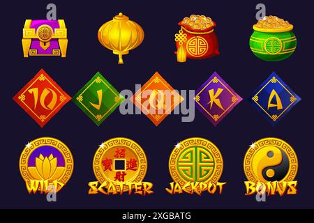 Chinesische Symbole für Sets. Hier sind die Jackpot-, Bonus-, Wild- und Scatter-Symbole. Zwölf chinesische Symbole für die Spielentwicklung Stock Vektor