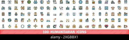100 Symbole für humanitäre Hilfe. Farblinie Satz humanitärer Vektorsymbole dünne Linie Farbe flach auf weiß Stock Vektor