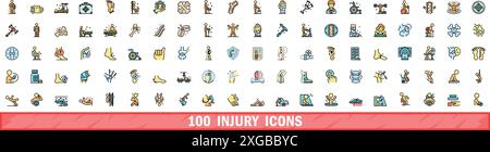 100 Symbole für Verletzungen gesetzt. Farblinie Satz von Verletzungsvektorsymbolen dünne Linie Farbe flach auf weiß Stock Vektor
