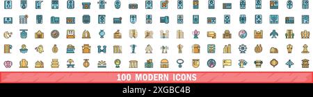 100 moderne Symbole. Farblinie Satz moderner Vektorsymbole dünne Linie Farbe flach auf weiß Stock Vektor