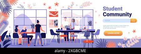 Schüler arbeiten in einem modernen, lebendigen Arbeitsbereich mit Pflanzen-Laptops und großen Fenstern zusammen. Blumen- und Laubelemente verbessern die Szene Stock Vektor