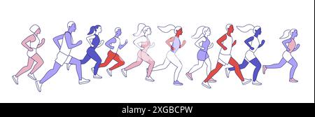 Gruppe aus verschiedenen Läufern in Bewegung farbenfrohes flaches Design aktiver Lifestyle Fitness Sport Teamwork Konzept Stock Vektor