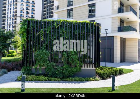 Vertikaler Garten an einer grünen Wand. Umweltfreundlicher städtischer Raum. Stockfoto