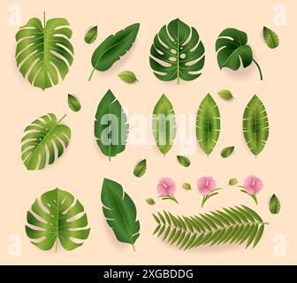 Tropische Blätter und rosa Blumen auf beigefarbenem Hintergrund botanisches Naturthema Stock Vektor