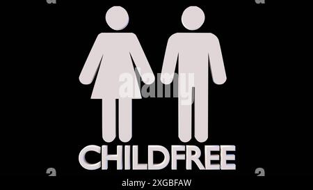 3D-Darstellung des isolierten Symbols für Mann und Frau mit dem Wort „CHILDFREE“ Stockfoto