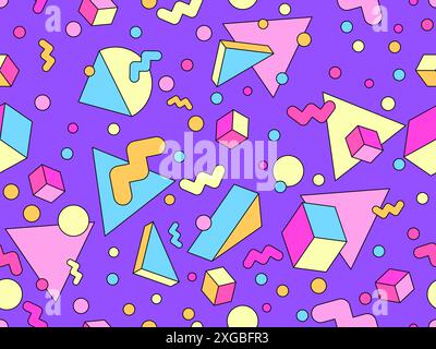 Nahtloses geometrisches Muster im Stil der 80er Jahre. Farbenfrohes geometrisches Muster mit isometrischen geometrischen 3D-Formen. Design von Werbemitteln, Geschenkpapier Stock Vektor