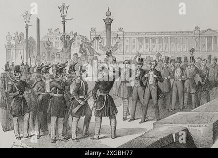 Französische Revolution von 1848. Volksaufstand in Paris vom 23. Bis 25. Februar 1848, geführt von Arbeitern und Studenten, denen die Nationalgarde anschloss. Um Blutvergießen zu vermeiden, dankte König Ludwig Philippe I. (1773–1850), der in den Tuilerien belagert wurde, am 24. Dezember 1989 zugunsten seines Enkels, Prinz Philippe von Orléans (1838–1894), Graf von Paris. Studenten auf der Pont de la Concorde vor den Truppen. Die unentschlossene Armee. Zeichnung von Janet-lange. Stich von Dujardin. „Los Héroes y las Grandezas de la Tierra“ (die Helden und die Grandeure der Erde). Band VIII. 1856. Autor: Ange- Stockfoto