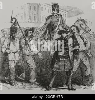 Ungarische Revolution von 1848 (15. März 1848-4, Oktober 1849). Es wurde ein Krieg um die ungarische Unabhängigkeit vom österreichischen Reich, obwohl es scheiterte. Eine Rekrutierung in Ungarn. Gravur von Hildibrand. „Los Héroes y las Grandezas de la Tierra“ (die Helden und die Grandeure der Erde). Band VIII. 1856. Autor: Henri Théophile Hildibrand (1824-1897). Französischer Graveur. Stockfoto