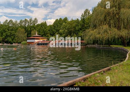 Berühmter Hevizsee in Ungarn in der Nähe des Balaton. Der größte Thermalsee der Welt zum Baden. Thermalwassersee im Sommer Stockfoto