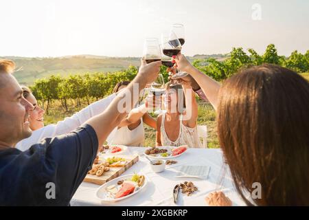 Glückliche Erwachsene Freunde, die Spaß dabei haben, Rotwein zu trinken und zusammen mit dem Weingut im Hintergrund zu essen - multirassische Leute, die im Sommer Vorspeisen essen Stockfoto