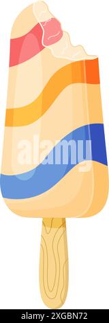 Gebissenes Fruchteis auf Holzstock. Buntes Dessert im kalten Sommer mit gewellten Streifen. Gefrorener Saft handgezeichnet flach Stil isoliert, fröhlich und sommerlich aussehen. Vektorabbildung Stock Vektor