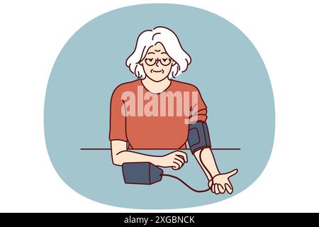 Ältere Frau verwendet Tonometer, um den Blutdruck zu messen und auf Symptome von Bluthochdruck zu prüfen. Die grauhaarige Großmutter misst unabhängig den Blutdruck und kümmert sich um die eigene Gesundheit Stock Vektor
