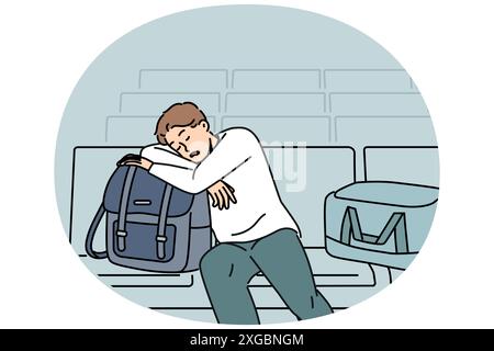 Der schlafende Mann sitzt im Loungebereich am Flughafen und wartet auf die Ankunft des Flugzeugs, das aufgrund von schlechtem Wetter verspätet ist. Müder Passagier vom Flughafen mit Taschen und Gepäck, der auf Flug und Reise wartet Stock Vektor