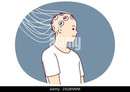 Mann mit Elektroden, die an den Kopf angeschlossen sind, um Gehirnaktivität und Neuronenarbeit oder Gedankenkontrolle zu untersuchen. Kabel, die mit dem Kopf des Glatzkopf-Typen verbunden sind, um Neurotechnologien oder Biorobots zu entwickeln Stock Vektor