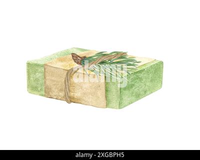 Grüner handgefertigter Seifenstab mit Geschenkpapier, natürlichem Jutegarn und Fichtenzweig. Badeseife zur Hautpflege. Aquarellabbildung. Stockfoto