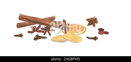 Mischung aus weihnachtlichen Gewürzen und Kräutern. Zimtstangen, frische Ingwerscheibe, Sternanis, Rosinen, getrocknete Orangenscheiben und Nelken. Stockfoto