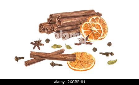 Haufen aromatischer Wintergewürze für die Zubereitung von Getränken und zum Backen. Zimtstangen, getrocknete Orangenscheiben, Kardamom, Anis, Allspice und Nelken. Stockfoto