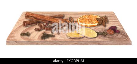 Schöne Präsentation von aromatischen Gewürzen und Zitrusscheiben auf Holzplatte. Zimt, Sternanis, Nelken, getrocknete Orangenscheiben, Ingwerscheibe und Rosinen Stockfoto