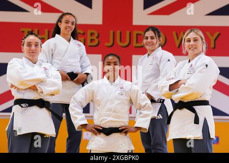 Team GB Olympisches Judo-Team (von links nach rechts) Lucy Renshall, Chelsie Giles, Lele Nairne, Jemima Yeats Brown und Emma Reid bei der British Judo Association am Walsall Campus der University of Wolverhampton. Bilddatum: Montag, 8. Juli 2024. Stockfoto