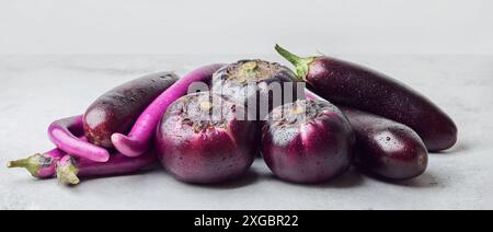 Eine Reihe verschiedener Auberginen Stockfoto