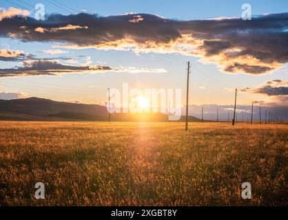 Atemberaubende ländliche Landschaft. Sonnenuntergang über dem goldenen Weizenfeld. Blauer Himmel mit dramatischen Wolken bei Sonnenuntergang. Stockfoto