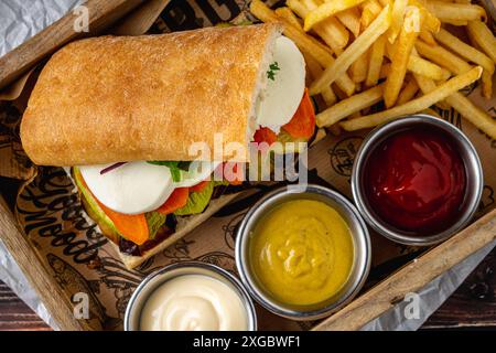 Vegetarisches Sandwich mit Mozzarella, Zucchini, Auberginen und Karotten Stockfoto