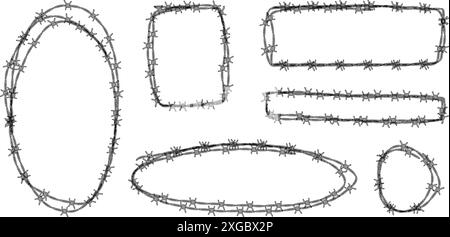 Satz Stacheldrahtrahmen mit verschiedenen Formen. Begriff des Schutzes, der Gefahr oder der Sicherheit. Handgezeichnet im Skizzenstil. Vektorabbildung Stock Vektor