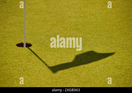 Blick auf den Golfplatz an der Küste mit Kokospalmen im Hintergrund. Kokospalme Stockfoto