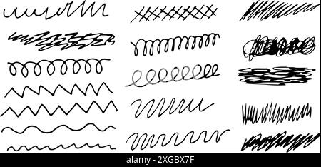 Scribbles und Skizzen, Markierungslinien gesetzt. Handgezeichneter abstrakter Bleistift mit Doodle für Ihr Design. Vektorabbildung Stock Vektor