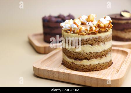 Verschiedene Mini-Kuchen der Saison. Haselnuss, Oper, gesalzenes Karamell und Doppelschokolade. Unendliche Vielfalt, einfaches Servieren, feuchte Schichten, reichhaltige Zuckerguss. Stockfoto