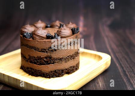 Verschiedene Mini-Kuchen der Saison. Haselnuss, Oper, gesalzenes Karamell und Doppelschokolade. Unendliche Vielfalt, einfaches Servieren, feuchte Schichten, reichhaltige Zuckerguss. Stockfoto