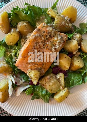 Nahaufnahme von gegrilltem Lachs und New Potato Entree, USA Stockfoto