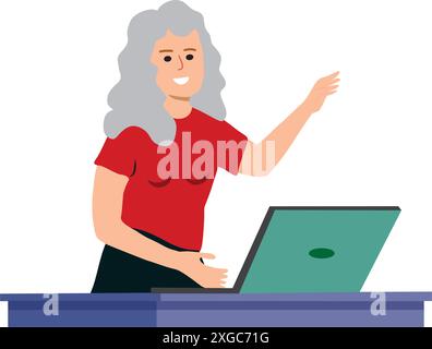 Frau, die mit einem Laptop auf einem Schreibtisch auf weißem Hintergrund arbeitet Stock Vektor