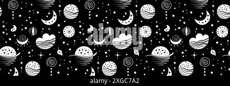 Nahtlose Neo-Folk-Muster mit Mond, Wolke, Sonne und Sternen, himmlischem Schwarz-weiß-Design. Setzen Sie Neo Folk Stil endlose Hintergründe perfekt für Stock Vektor