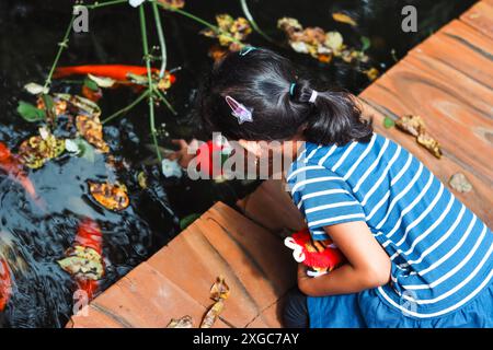 Das kleine Mädchen spielt mit KOI-Fischen am Rand des Fischteiches Stockfoto