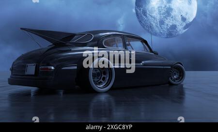 Ein schwarzer Straßenkreuzer im Retro-Stil vor dunkelblauem Himmel mit Vollmond Stockfoto