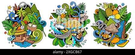 Bora-Bora Cartoon Vektor Kritzelentwürfe Set. Farbenfrohe, detailreiche Kompositionen mit vielen Porapora-Objekten und -Symbolen. Isoliert auf weißen Abbildungen Stock Vektor