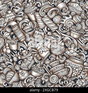 Grafik Doodle Desserts nahtloses Muster. Hintergrund mit Symbolen und Gegenständen für süße Speisen. Einfarbiger Hintergrund für den Druck auf Stoff, Textil und Handyhüllen Stockfoto