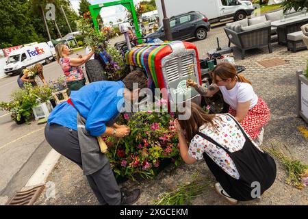 Harrogate, Großbritannien, 8. Juli 2024. 15 Blumenbauern aus allen Ecken von Yorkshire und dem Nordosten haben sich zusammengefunden, um lokal angebaute britische Blumen zu feiern. Vor der Eröffnung der ausverkauften Great Yoskhire Show 2024, die vom 9. Bis 12. Juli auf dem Yorkshire Showground in Harrogate, England, stattfindet, wird eine Blumenausstellung mit einem Vintage-Traktor abgeschlossen. Quelle: Thomas Holmes/Alamy Live News Stockfoto