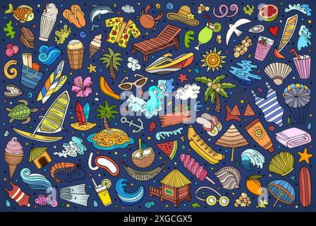 Bunte Vektor Hand gezeichnete Doodle Cartoon Satz von Sommer Strand Thema Artikel, Objekte und Symbole Stock Vektor