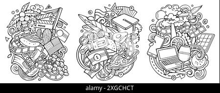 Kalifornien Cartoon Vektor Doodle Designs Set. Line Art detaillierte Kompositionen mit vielen Objekten und Symbolen des US State Stock Vektor