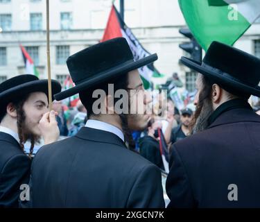 Orthodoxe Juden, die ein freies Palästina unterstützen, versammeln sich vor der Downing Street in London, um an einer propalästinensischen Kundgebung teilzunehmen Stockfoto