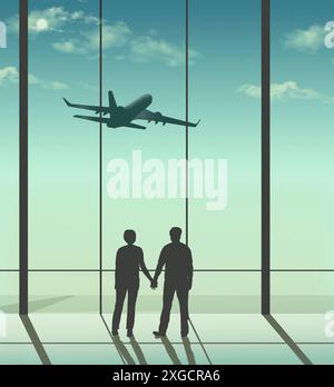 Ein Mann und eine Frau halten Hände, während sie beobachten, wie ein Flugzeug einen geliebten Menschen trägt, ein Familienmitglied auf einem Flughafen in einer 3D-Illustration. Stockfoto