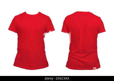 Rotes Freizeit-T-Shirt auf dem Körper des Mannes isoliert auf weißem Hintergrund. Vorder- und Rückansicht eines roten Herren-T-Shirts auf weißem Hintergrund. Modell für Design. Stockfoto