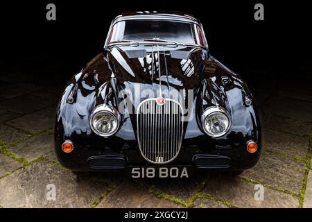 Die schlanke Linienführung eines schönen Jaguar XK150 klassischen britischen Sportwagens. Britische Automobilindustrie, Konzept der Marke Jaguar. Stockfoto