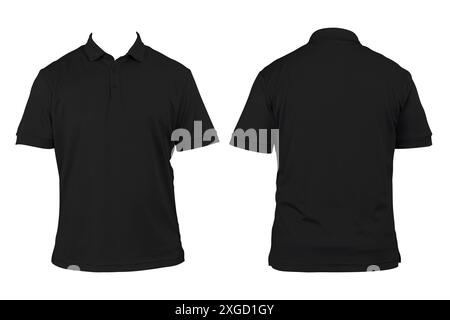 Leeres Modell-Template mit Hemdkragen, Vorder- und Rückansicht, isoliertes schwarzes, einfarbiges T-Shirt. Modell. Bedruckbare Präsentation mit Poloshirt-Design, Beschneidungspfad. Stockfoto