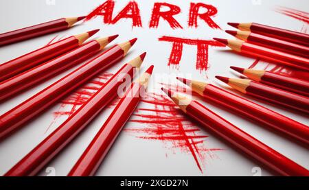 Eine Sammlung von roten Bleistiften, die um kritzelnde, rote Schriftzüge und Buchstaben auf weißem Hintergrund angeordnet sind. Stockfoto