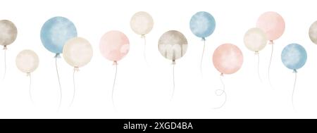 Babyrand mit runden Ballons in Pastellrosa, Blau und Beige. Nahtloses Muster für Wandbilder im Kinderzimmer oder kindliche Grußkarten und Weihnachtseinladungen. Verzierung für Kinder Tapete. Stockfoto