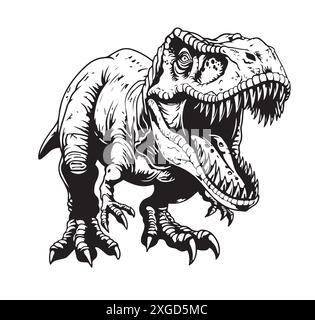 T-REX Tyrannosaurus Rex großer gefährlicher Kopf des Dinosauriers. Zeichentrick Illustration Zeichnung Gravur Tinte Linie Kunst Vektor. T-Shirt-T-Shirt mit Print-Design Stock Vektor