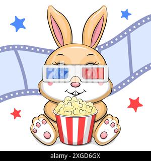Niedliches Zeichentrick-Baby-Kaninchen in 3D-Kinogläsern hält Popcorn. Vektorillustration auf weißem Hintergrund mit Filmstreifen und Sternen. Stock Vektor